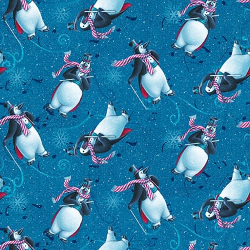 12 Days of Christmas Penguins Tossed Cyan Blue Sue Ellen Brown Studio E Cotton Fabric