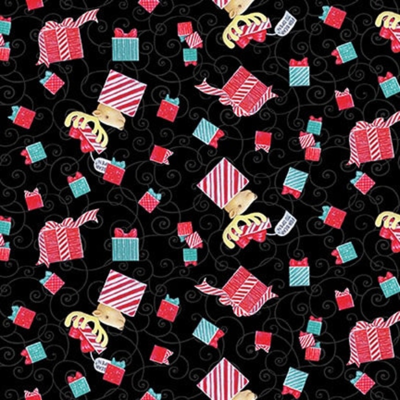12 Days of Christmas Presents Tossed Allover Black Sue Ellen Brown Studio E Cotton Fabric
