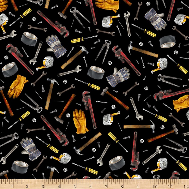 Workshop Tossed Garage Tools Black Timeless Treasures Cotton Fabric TT C8939 Black