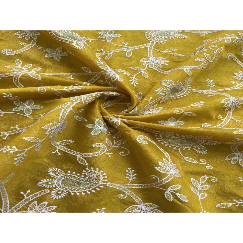 Yellow Paisley Chikankari Embroidered Chanderi Fabric