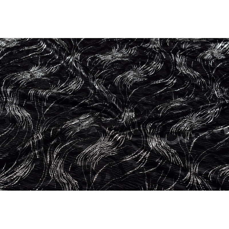 Black Abstract  Foil Printed Pleated Knit Fabric