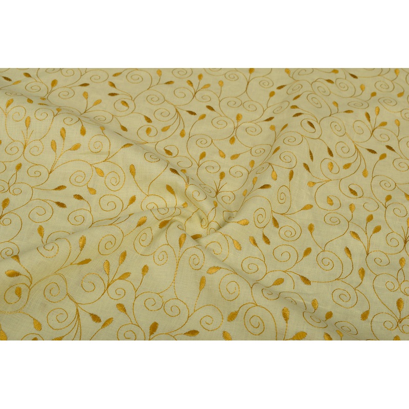 Yellow Floral Embroidered Linen  Fabric