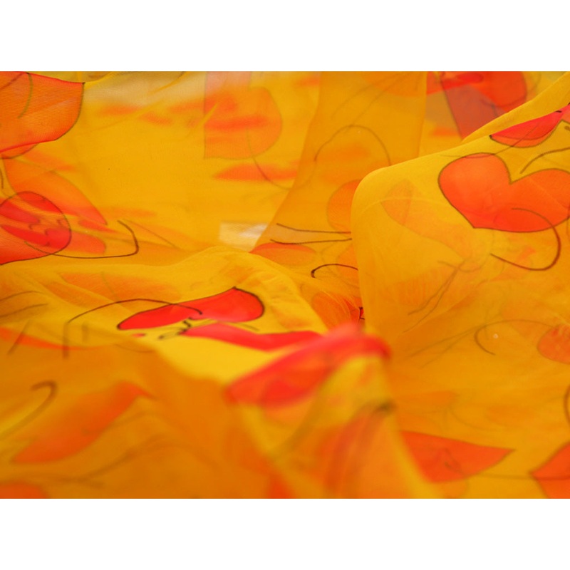 Yellow Hearts Digital Printed Semi Organza Fabric