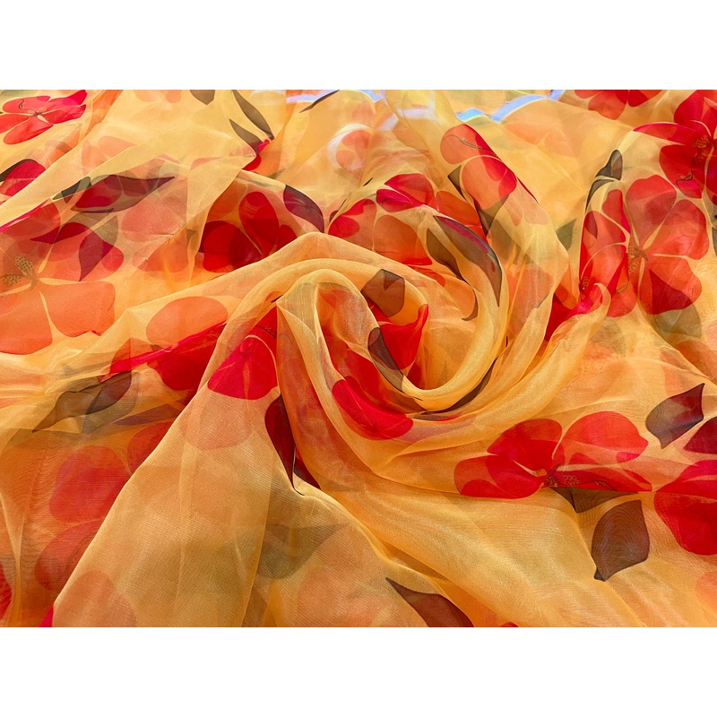 Yellow & Red Floral Printed Organza Fabric