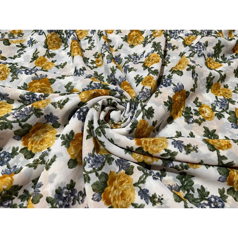 Yellow & White Floral Printed Soft Georgette Fabric