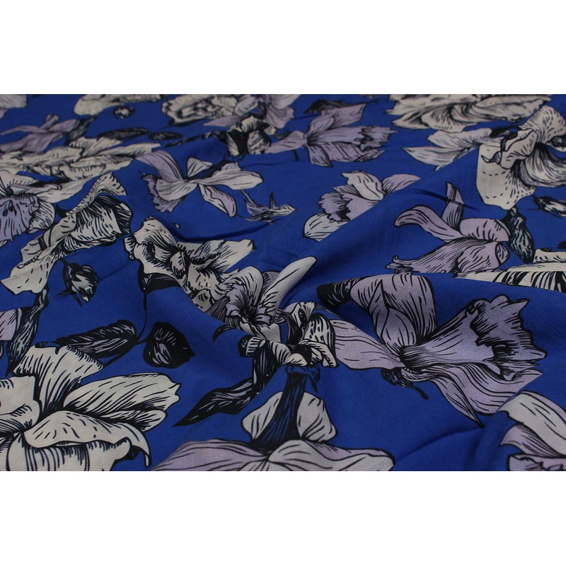 Blue & White Floral Pattern Sushi Viscose Cotton Fabric