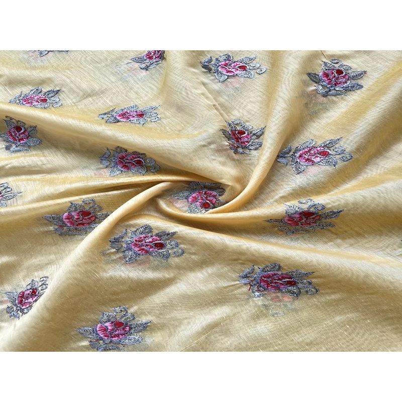 Yellow Motifs Zari & Thread Embroidered Chanderi Fabric