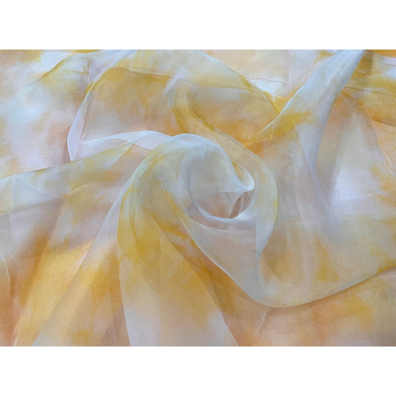Yellow & White Tie & Dye Printed Organza Fabric