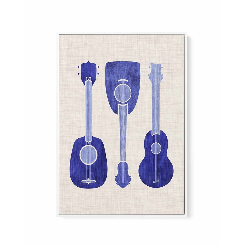 Blue Ukuleles By Kristian Gallagher | Framed Canvas Art Print