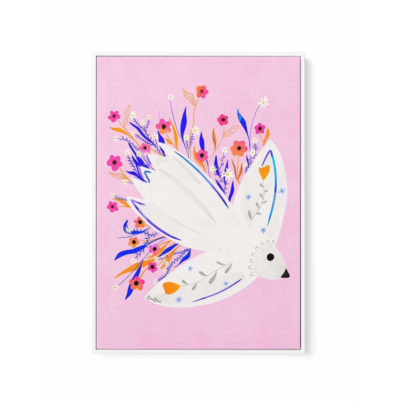 Bird in Flowers Pink illustration by Baroo Bloom | Framed Canvas Art Print