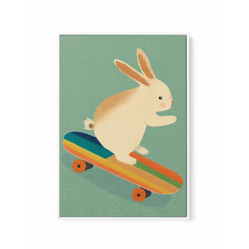 Bunny On Skateboard By Treechild | Framed Canvas Art Print
