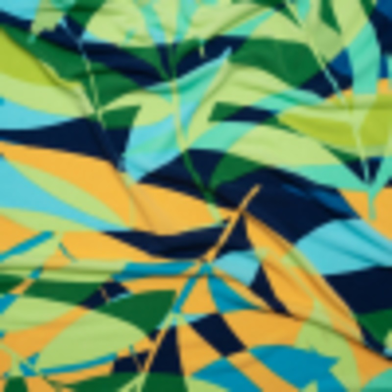 Stretch Polyester Tricot - Green, Blue and Goldenrod Overlapping Palm Leaves - Designer Deadstock