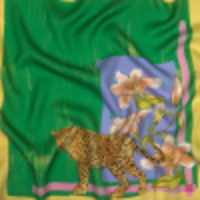 Viscose and Linen Twill Panel - Green Leopard and Floral Square - Mood Exclusive House Cat