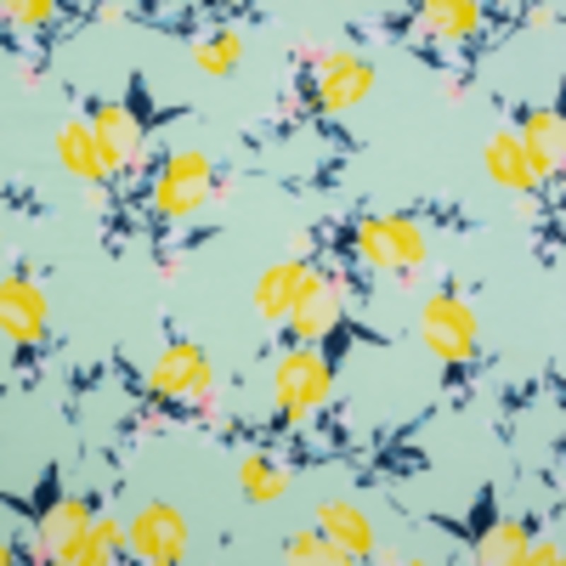 Stretch Rayon Jersey - Mint, Teal and Yellow Lemons on Trees - Deadstock