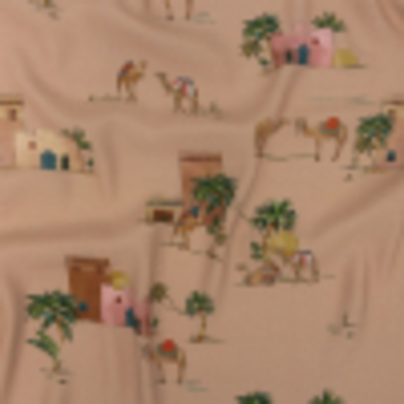 Sustainable Viscose Woven Print - Beige Camels and Buildings - Mood Exclusive Bactrian Expedition
