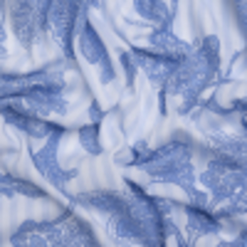 Cotton and Polyester Jersey - Light Blue and White Jacobean Floral and Stripes