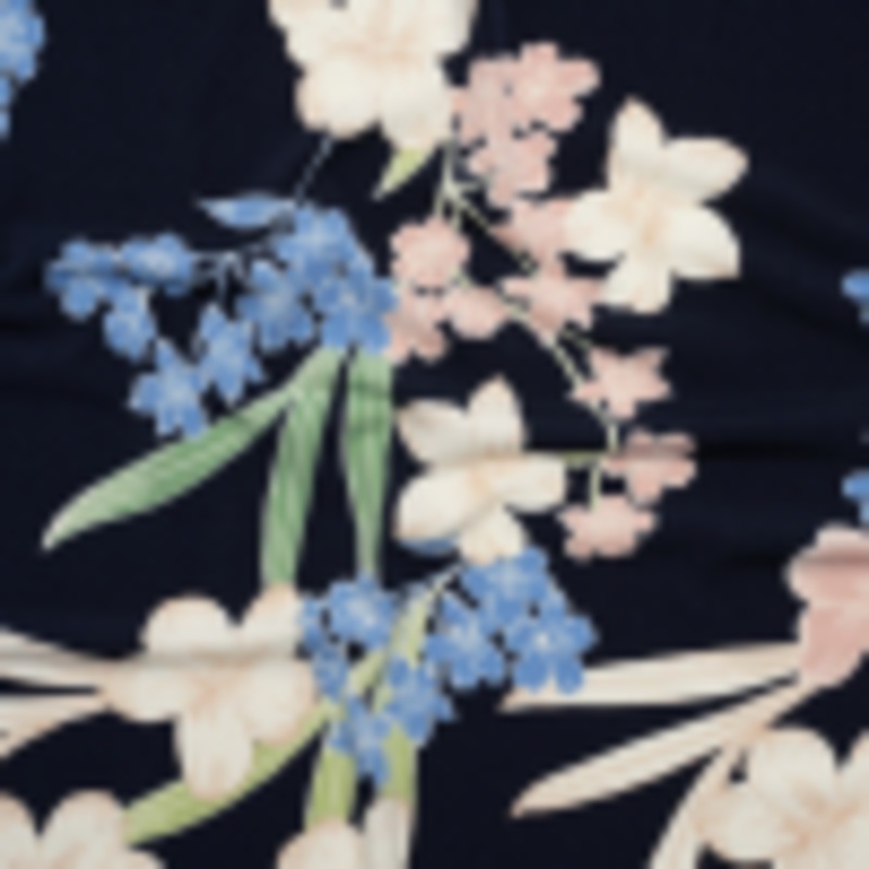 Stretch Polyester Tricot - Navy, Pale Rose and Soft Blue Florals with Scalloped Stripes Border - Designer Deadstock