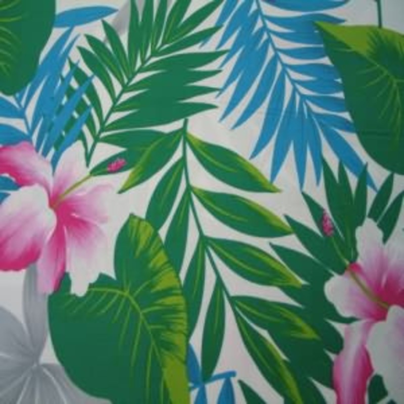 45" Floral Tropical Hot Pink, Green and Blue with White Background