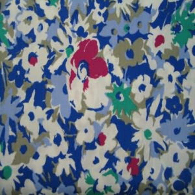 45" Wide 100% Cotton Sateen Floral White and Fuchsia with Blue Background Fabric Sold by the Yard