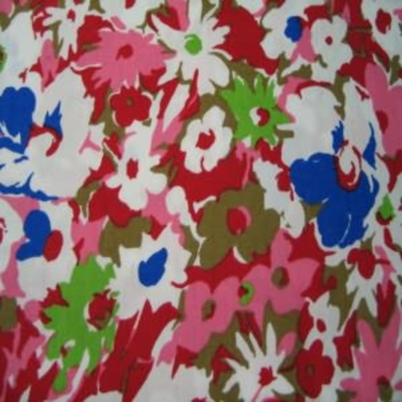 45" Wide 100% Cotton Sateen Floral White, Pink and Blue with Red Background Fabric Sold by the Yard