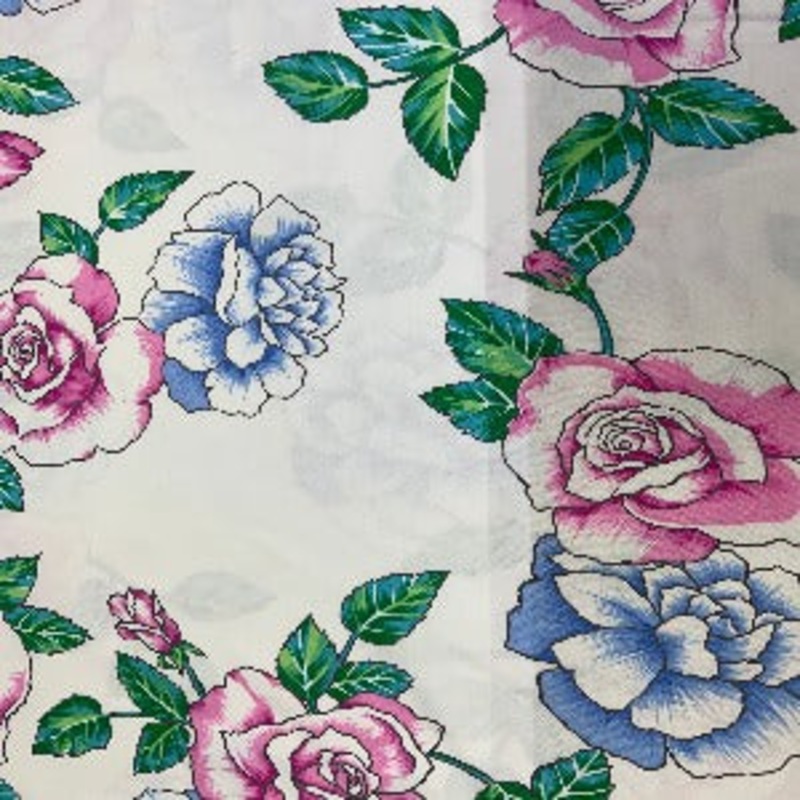 45 Wide 100% Cotton Sateen Fabric Floral Pink, Blue, Green with White Background Fabric Sold by the Yard