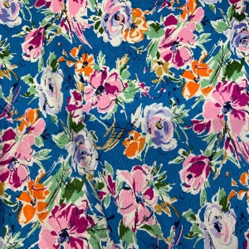 45 Wide 100% Cotton Sateen Fabric Floral Pink, Purple, Orange, Green with Blue Background Fabric Sold by the Yard