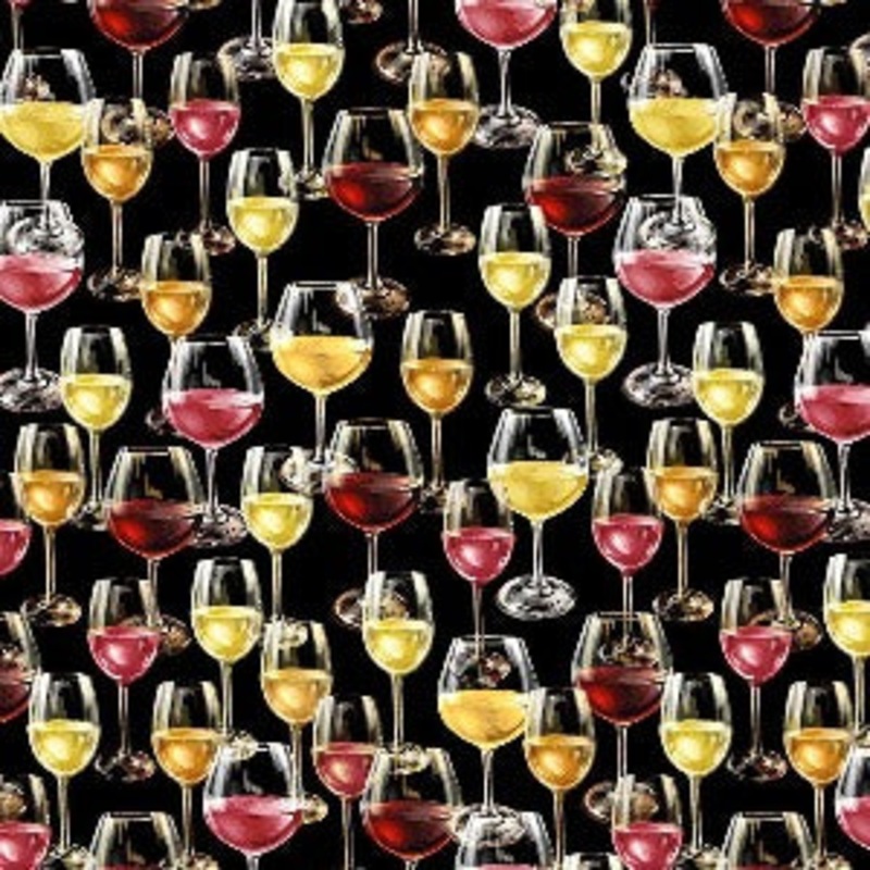 45" Wide 100% Cotton Wine Glasses Black Background (CD3014)