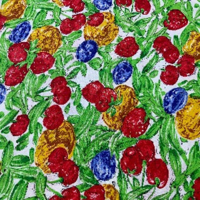 45 Wide 50% Polyester 50% Cotton Fabric Fruit Red, Yellow, Blue, Green with White Background
