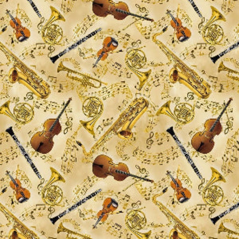 Cotton Symphony Instruments Violin Clarinet Saxophones French Horns Trumpets Metallic Gold Accents Cotton Fabric Print by The Yard (MUSIC-CM3237-GOLD)