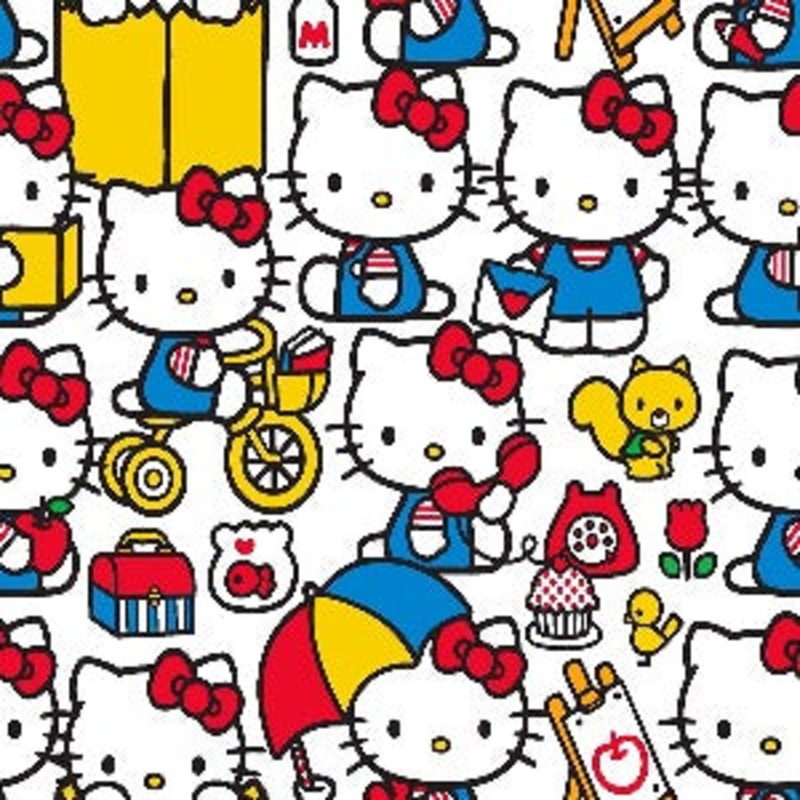 Hello Kitty at Play Rorry Books Telephones Bicycles Painting Toys Kids Children's White Cotton Fabric