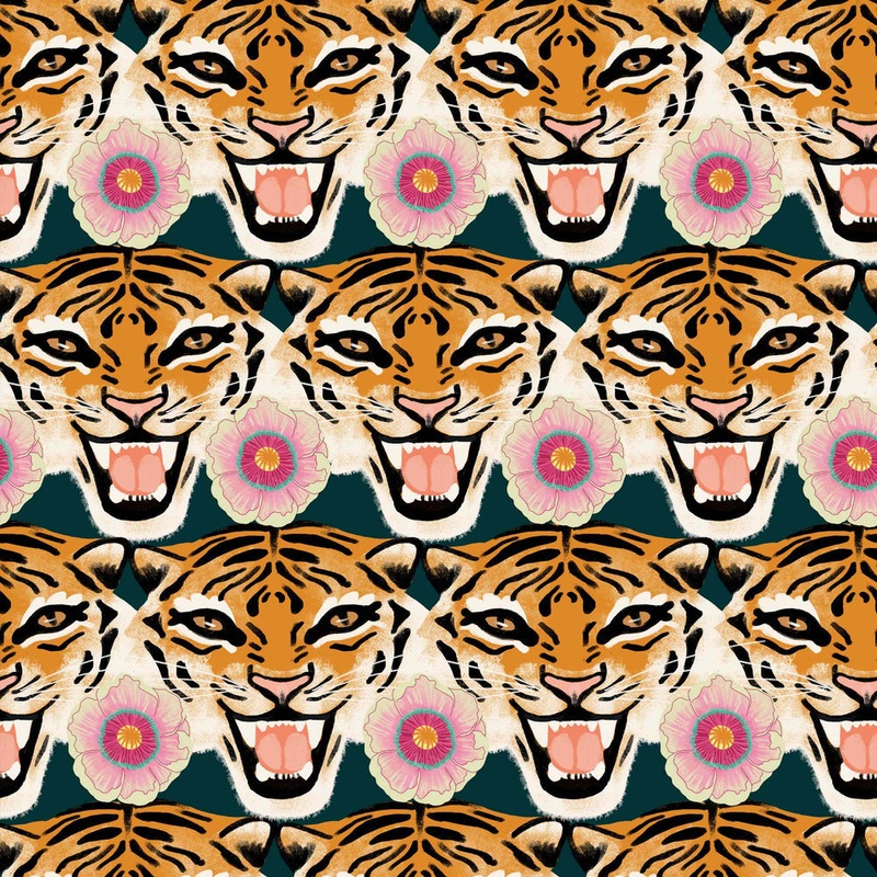 Tigerlily Wallpaper - Emerald Green, Pink & Orange