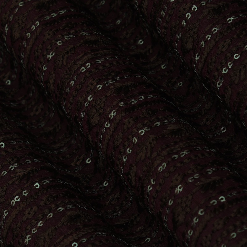 Wine Color Raw Silk Embroidery Fabric
