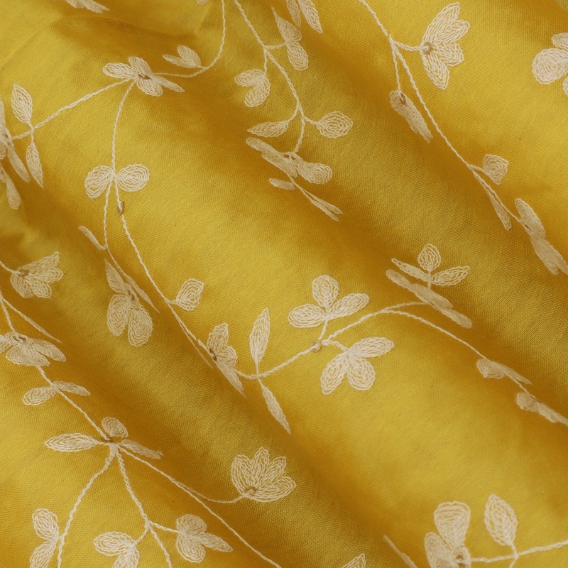 Yellow Color Chanderi Embroidery Fabric