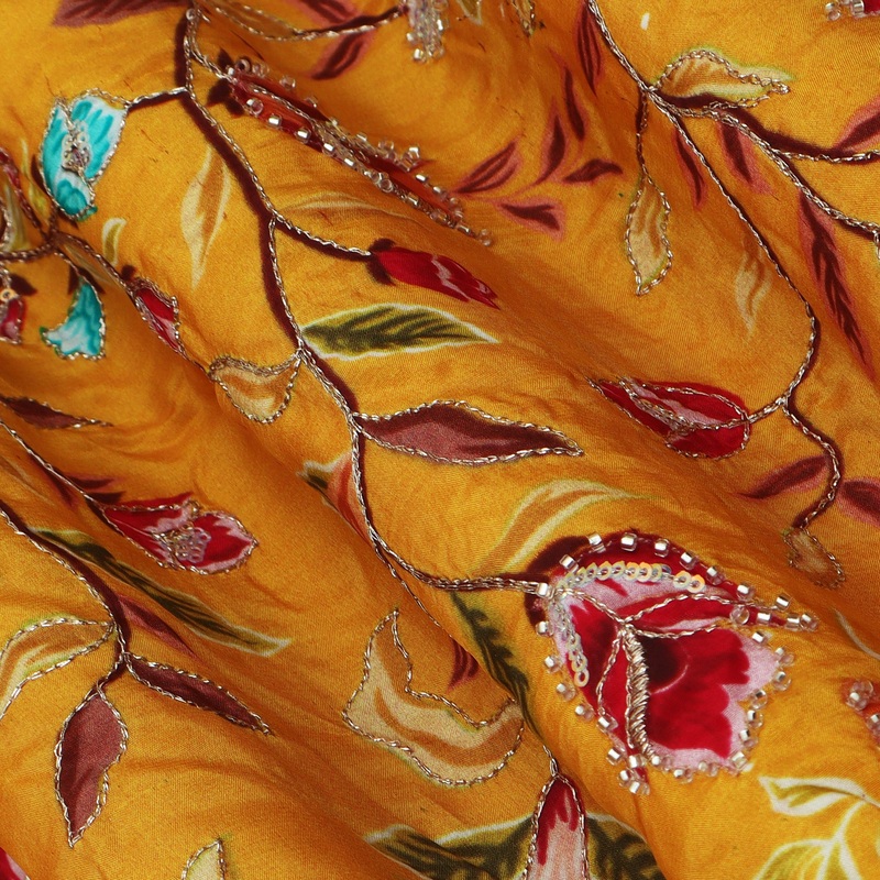 Yellow Color Crepe Position Print Embroidery Fabric