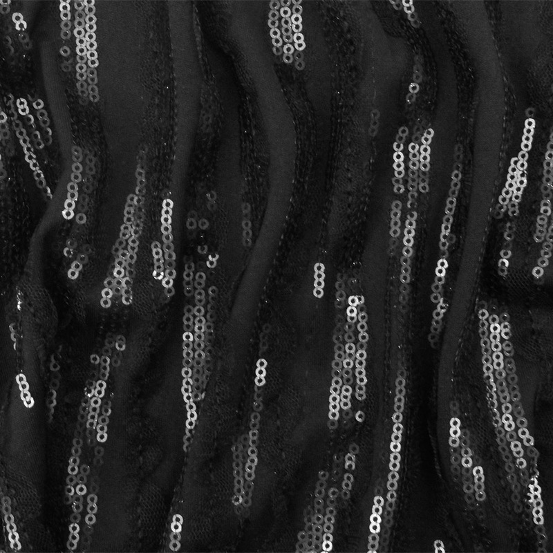 Black Abstract Sequin Mesh Scallop Stretch Spandex Poly Jersey Knit Fabric