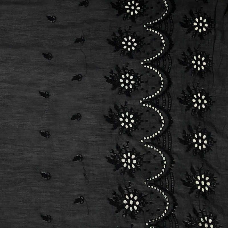 Black Famous Designer Cotton Silk Bordered Eyelet Embroidered Voile Fabric