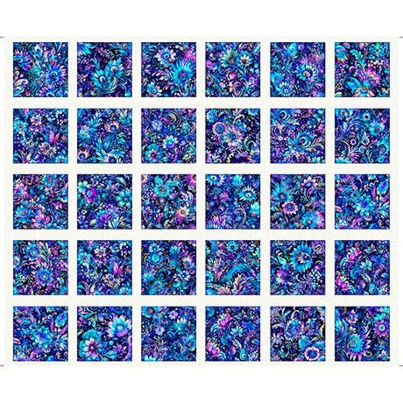 QT Fantasia Floral Picture Block Panel - 30963-B Blue - Cotton Fabric