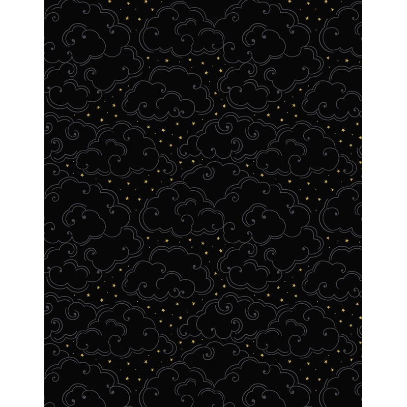 Celestial A758.3 Celestial clouds on black with gold metallic
